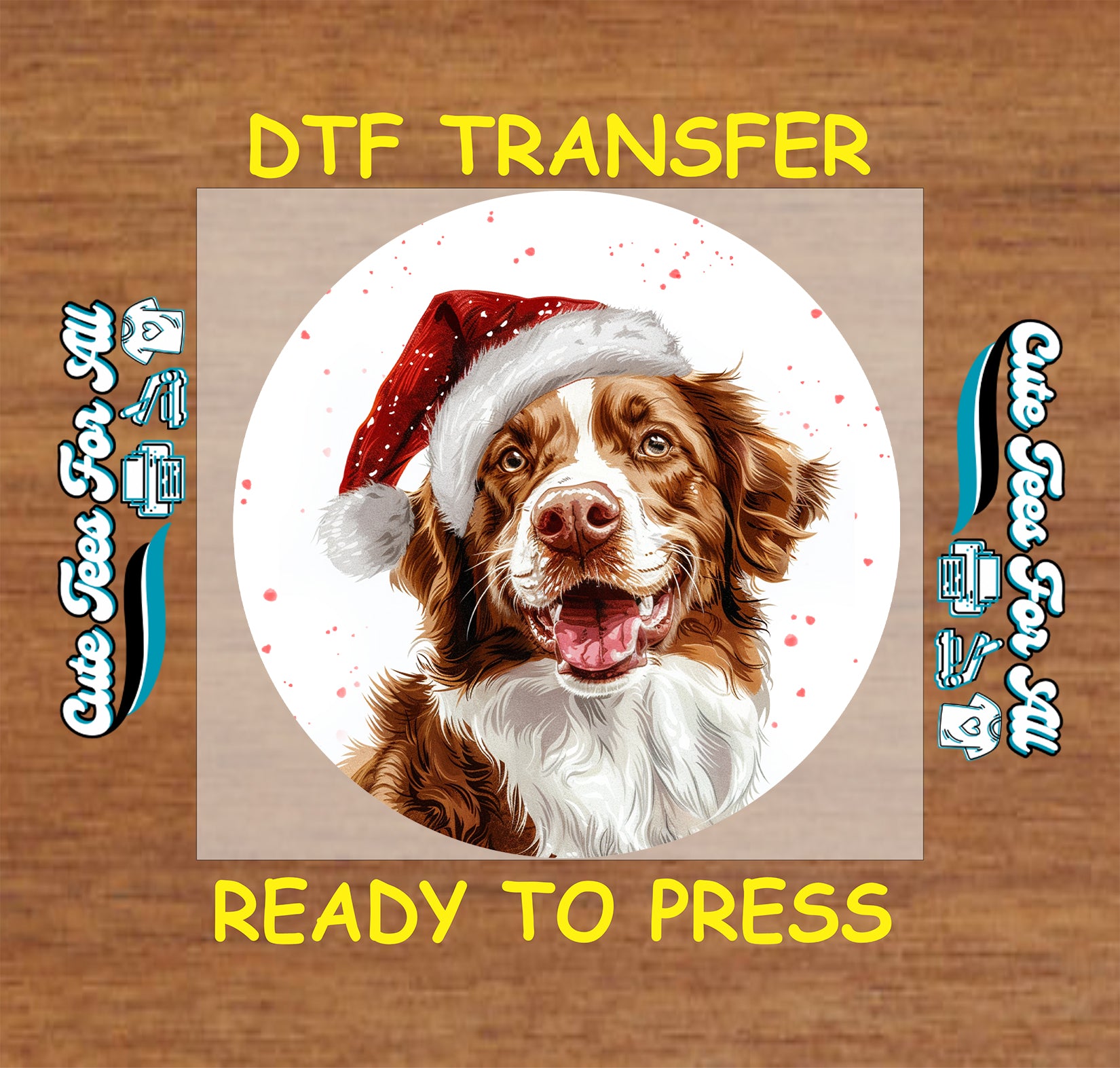 christmas brown white dog santa hat ready to press dtf iron on heat transfer for diy shirts