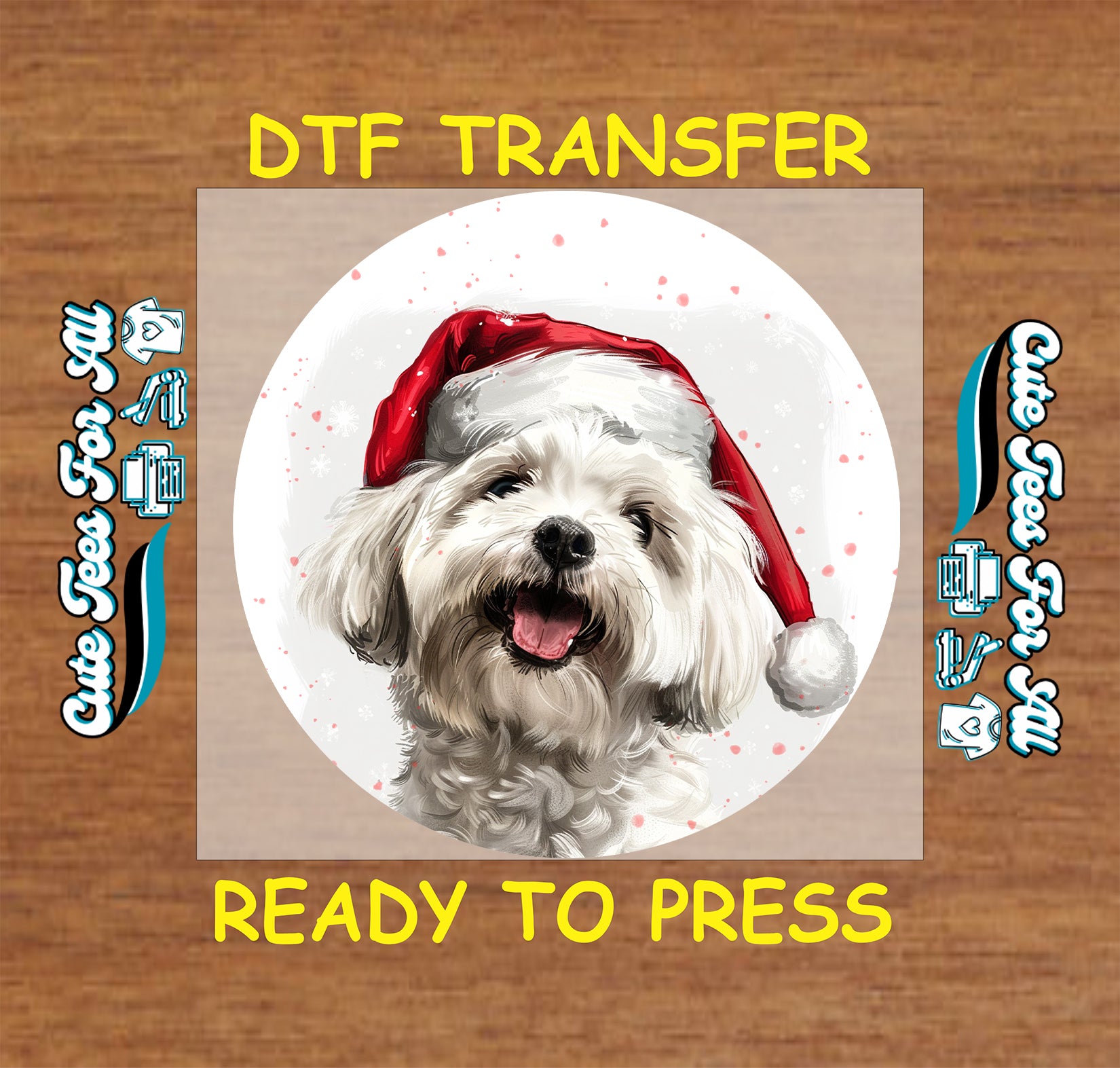 white fluffy dog santa hat christmas ready to press dtf iron on heat transfer for diy shirts