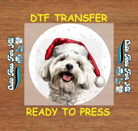 white fluffy dog santa hat christmas ready to press dtf iron on heat transfer for diy shirts