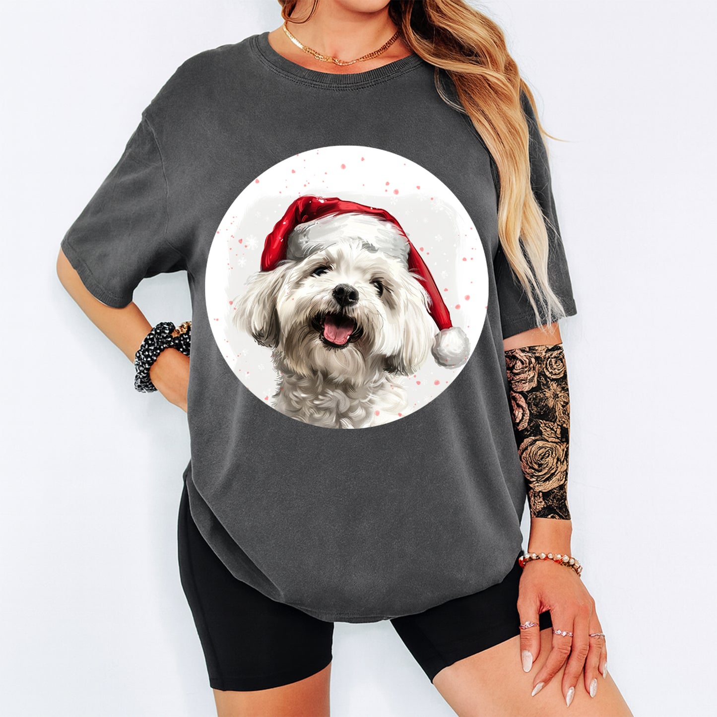 Christmas White Fluffy Dog Santa Hat DTF Transfer – Ready to Press Iron On Heat Transfer for DIY Shirts 12031