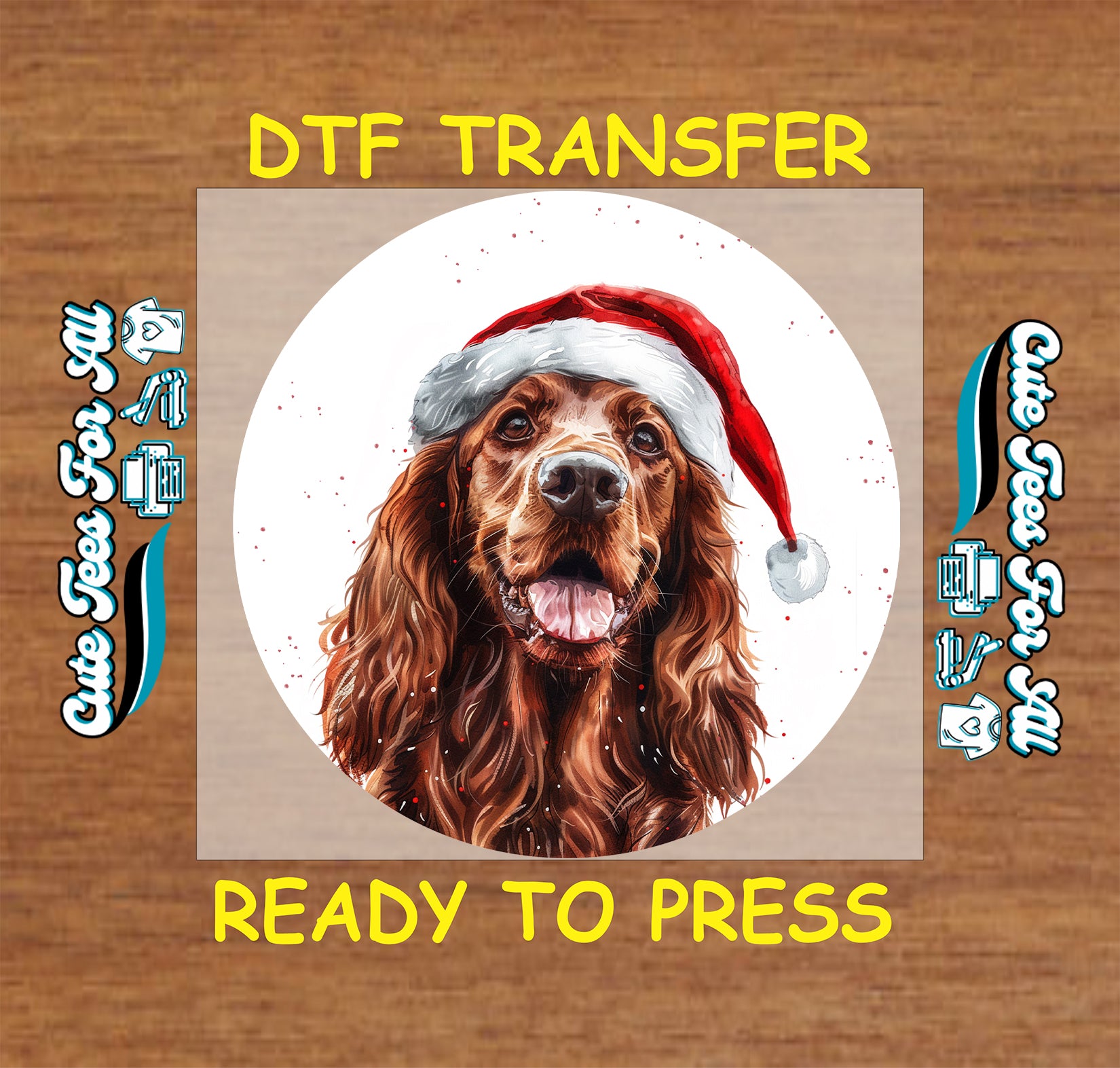long haired brown dog santa hat christmas ready to press dtf iron on heat transfer for diy shirts