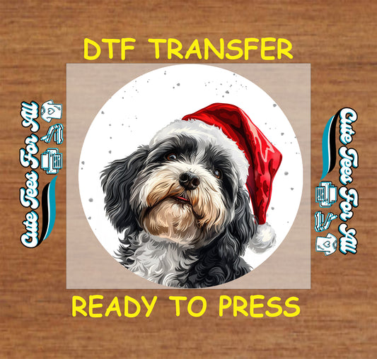 black white fluffy dog santa hat christmas ready to press dtf iron on heat transfer for diy shirts