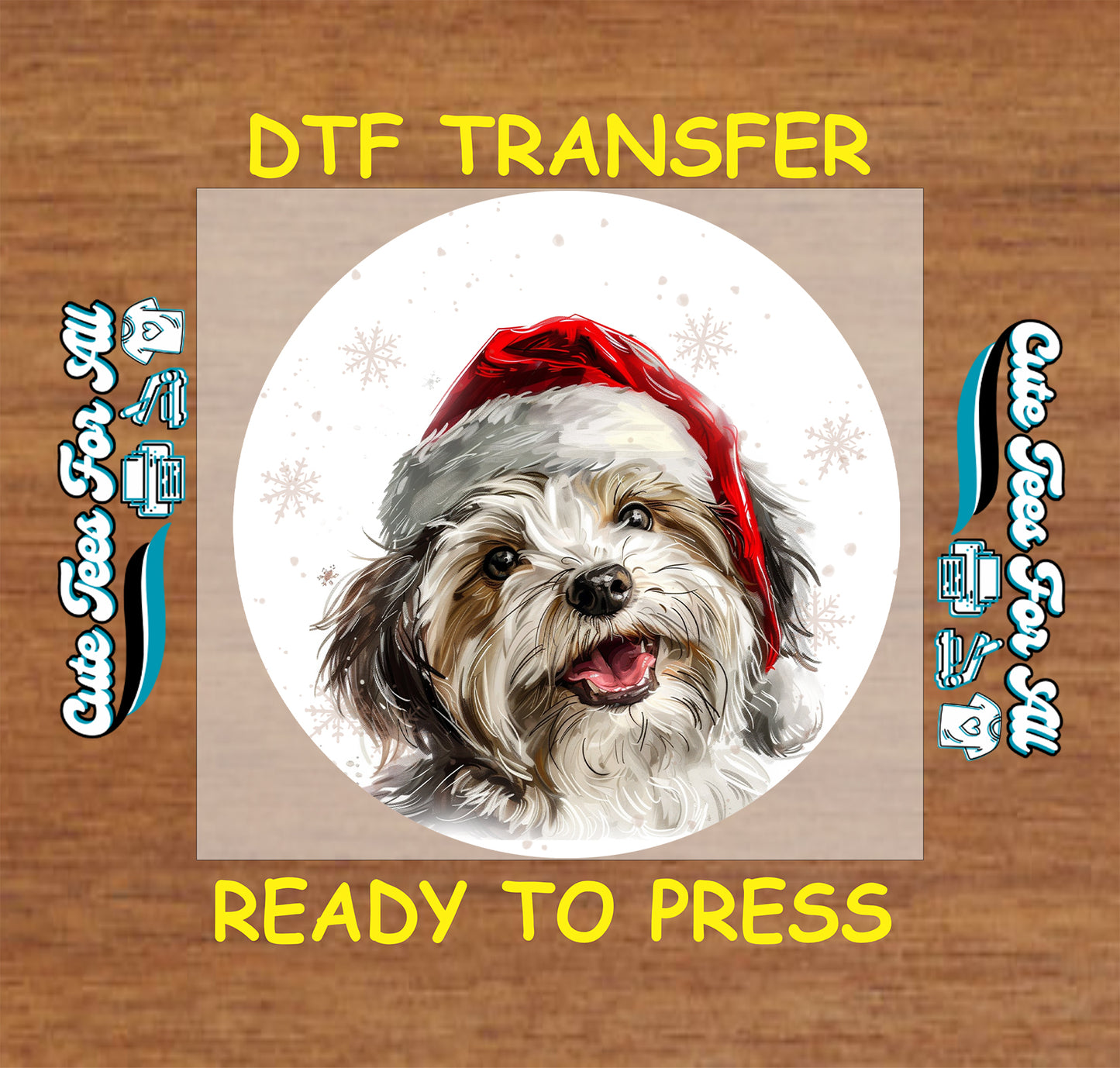 tan white fluffy dog santa hat christmas ready to press dtf iron on heat transfer for diy shirts