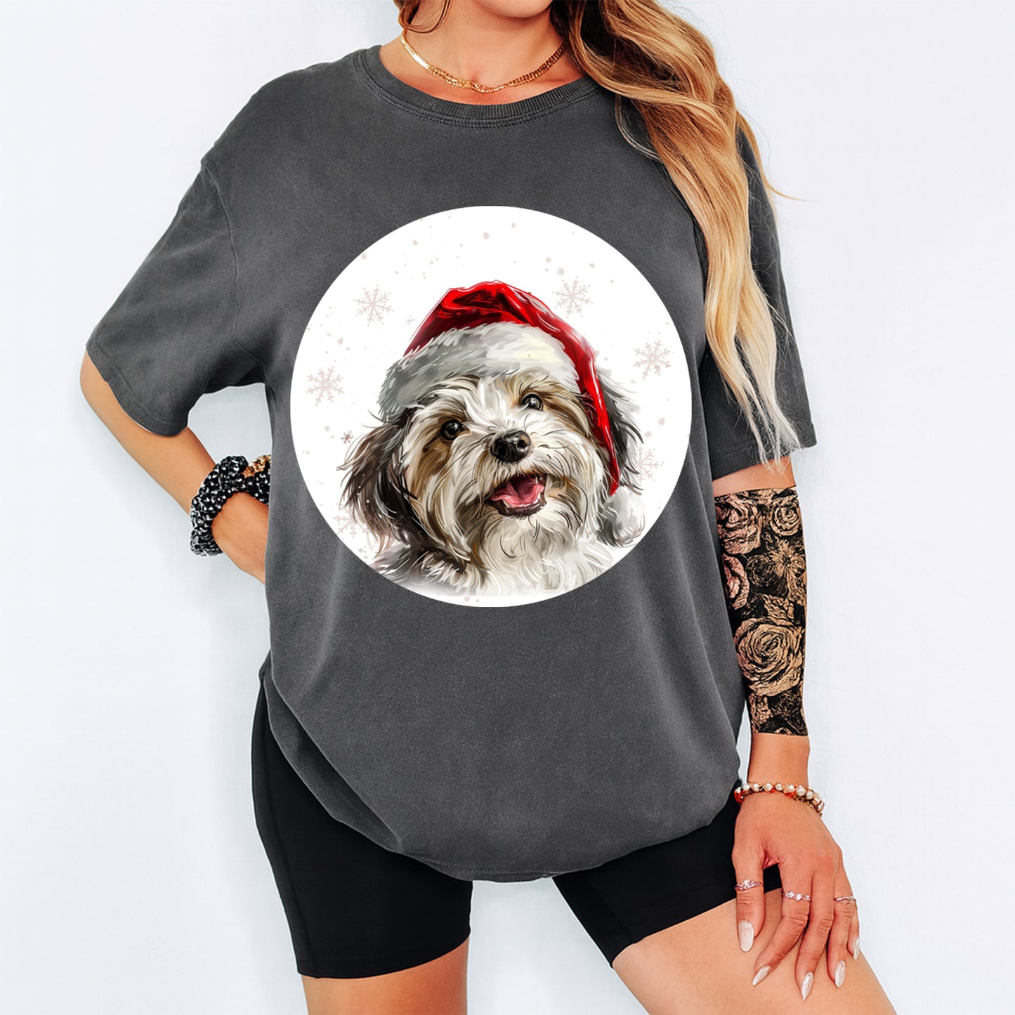 Christmas Dog Santa Hat Fluffy Tan & White Pup DTF Transfer – Ready to Press Iron On Heat Transfer for DIY Shirts 12044