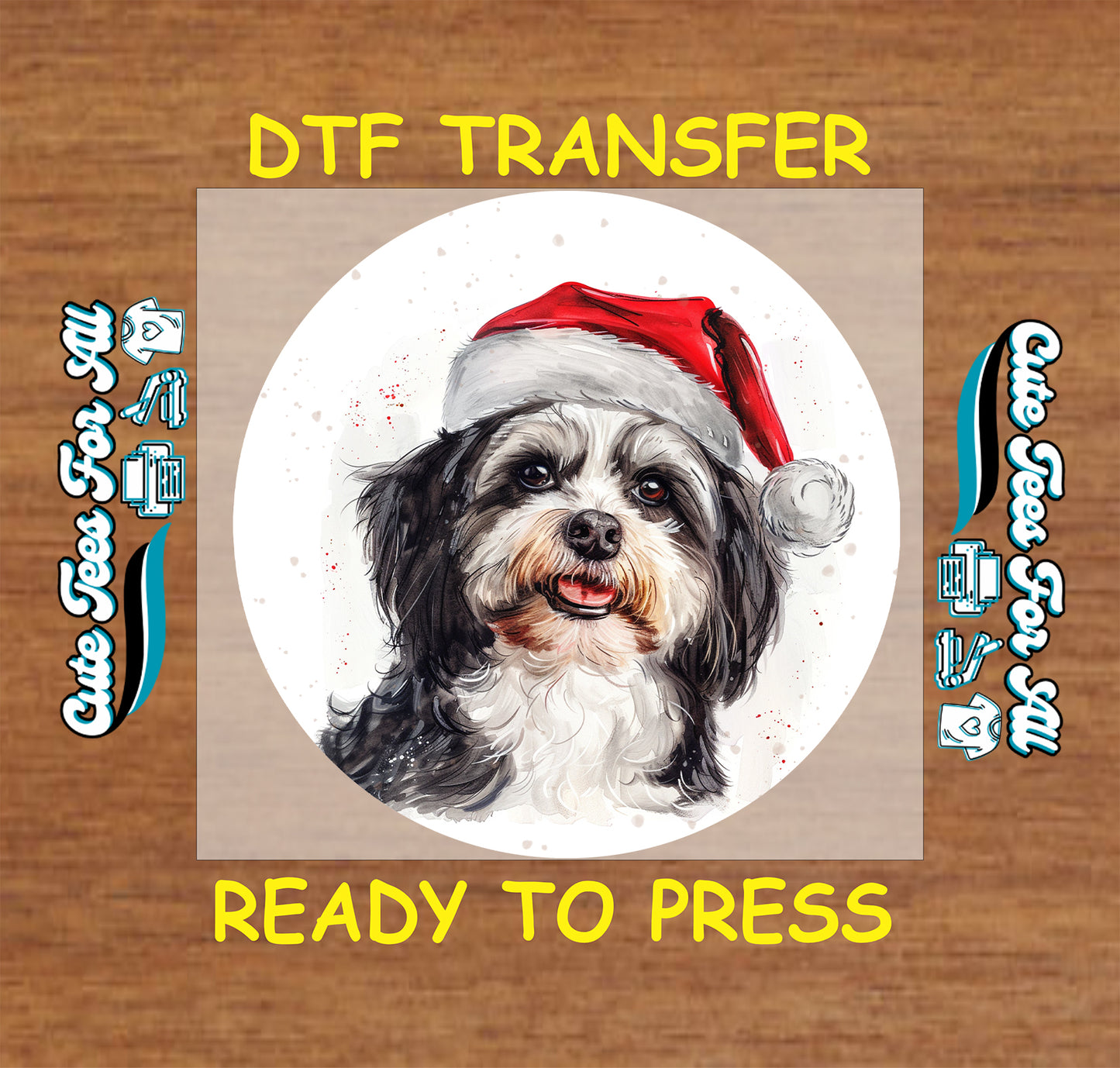 black white dog santa hat christmas ready to press dtf iron on heat transfer for diy shirts