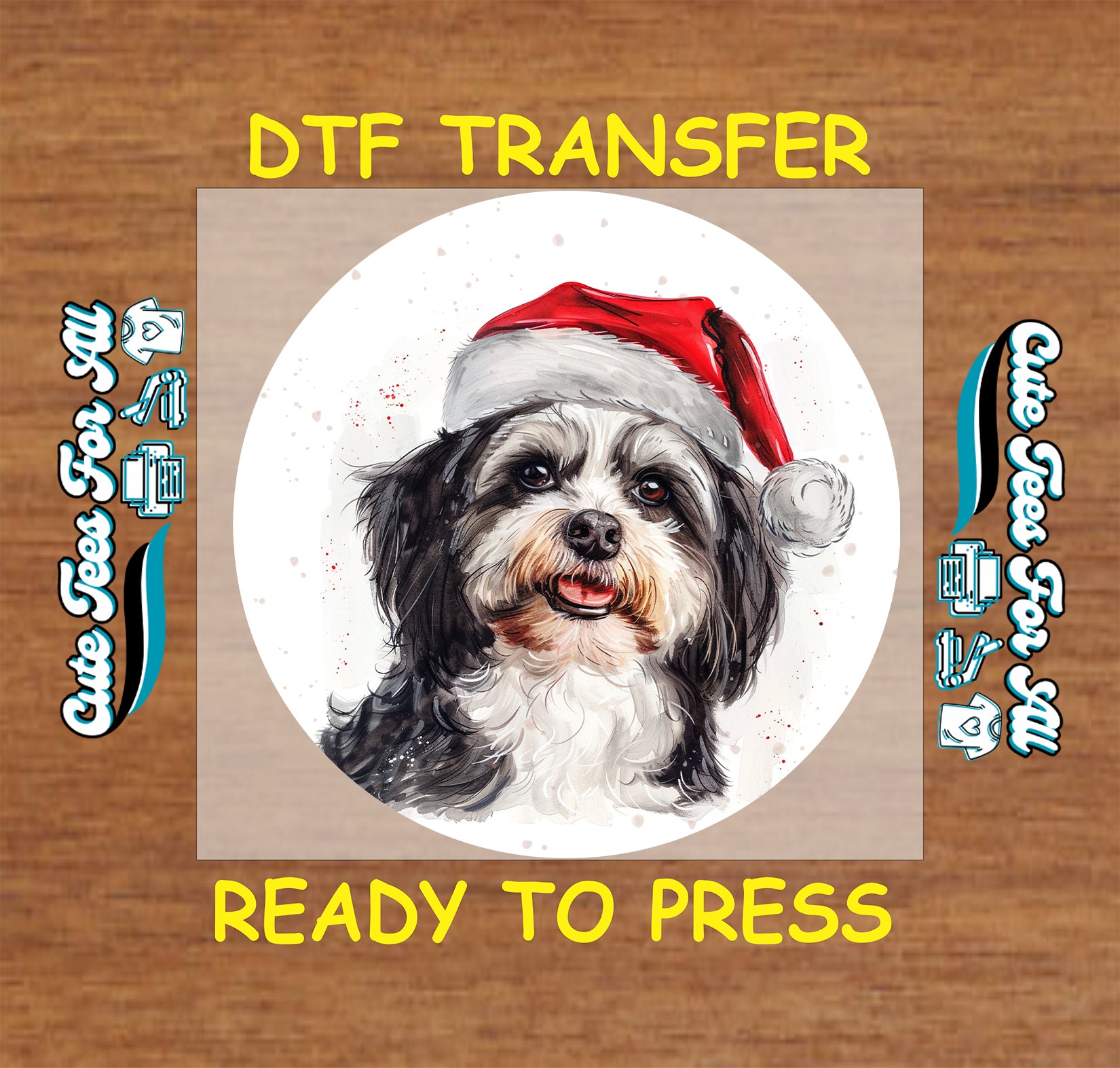 black white dog santa hat christmas ready to press dtf iron on heat transfer for diy shirts