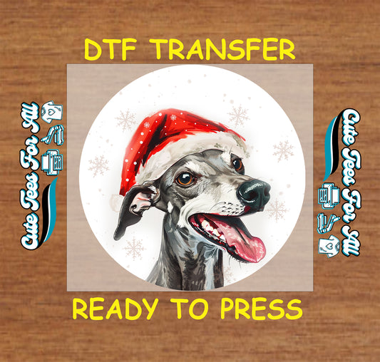 gray whippet dog santa hat christmas ready to press dtf iron on heat transfer for diy shirts