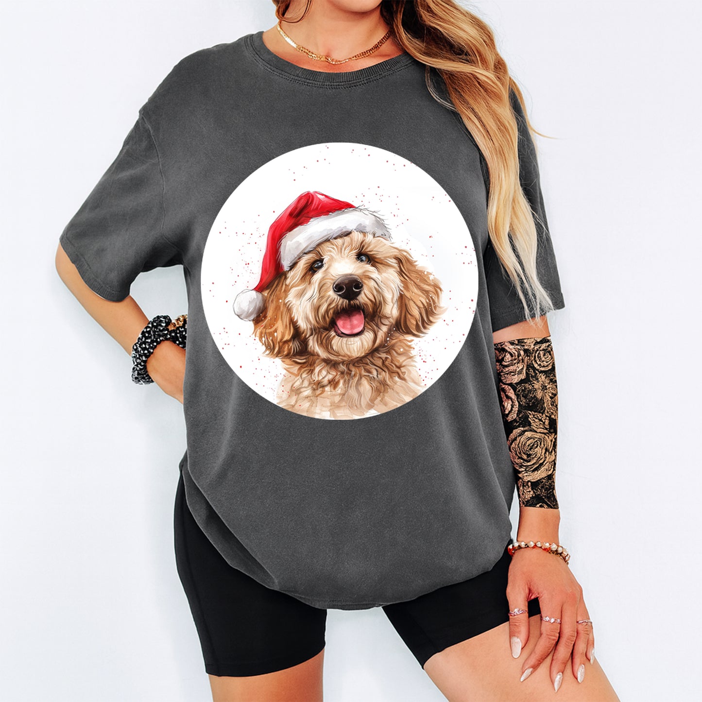 Christmas Dog Santa Hat Fluffy Gold Pup DTF Transfer – Ready to Press Iron On Heat Transfer for DIY Shirts 12050