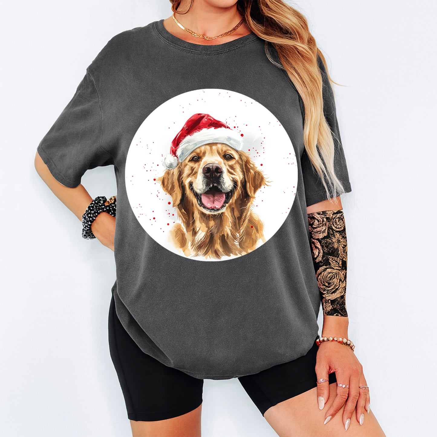Christmas Dog Santa Hat Golden Pup DTF Transfer – Ready to Press Iron On Heat Transfer for DIY Shirts 12052