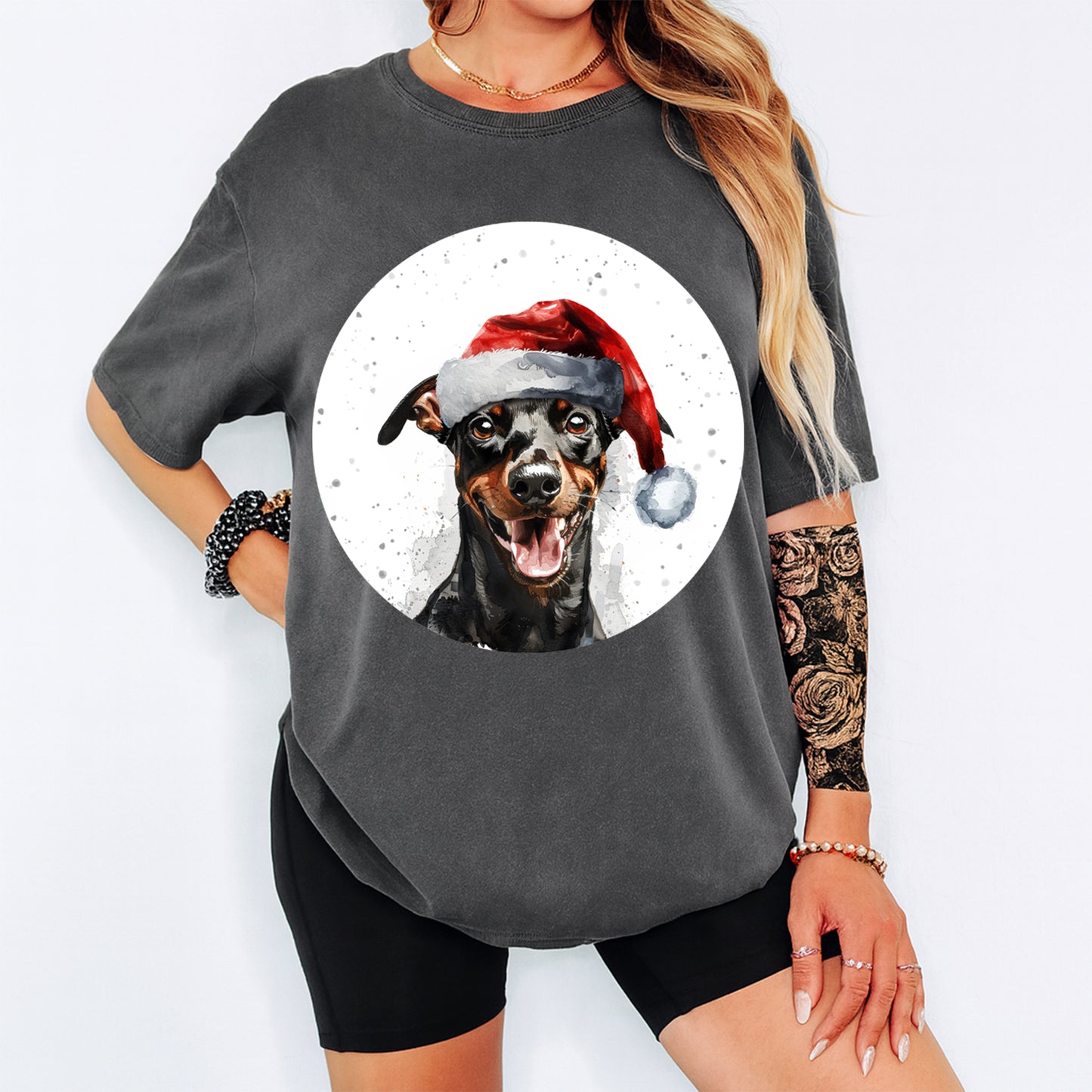 Christmas Dog Santa Hat Black & Tan Pup DTF Transfer – Ready to Press Iron On Heat Transfer for DIY Shirts 12055