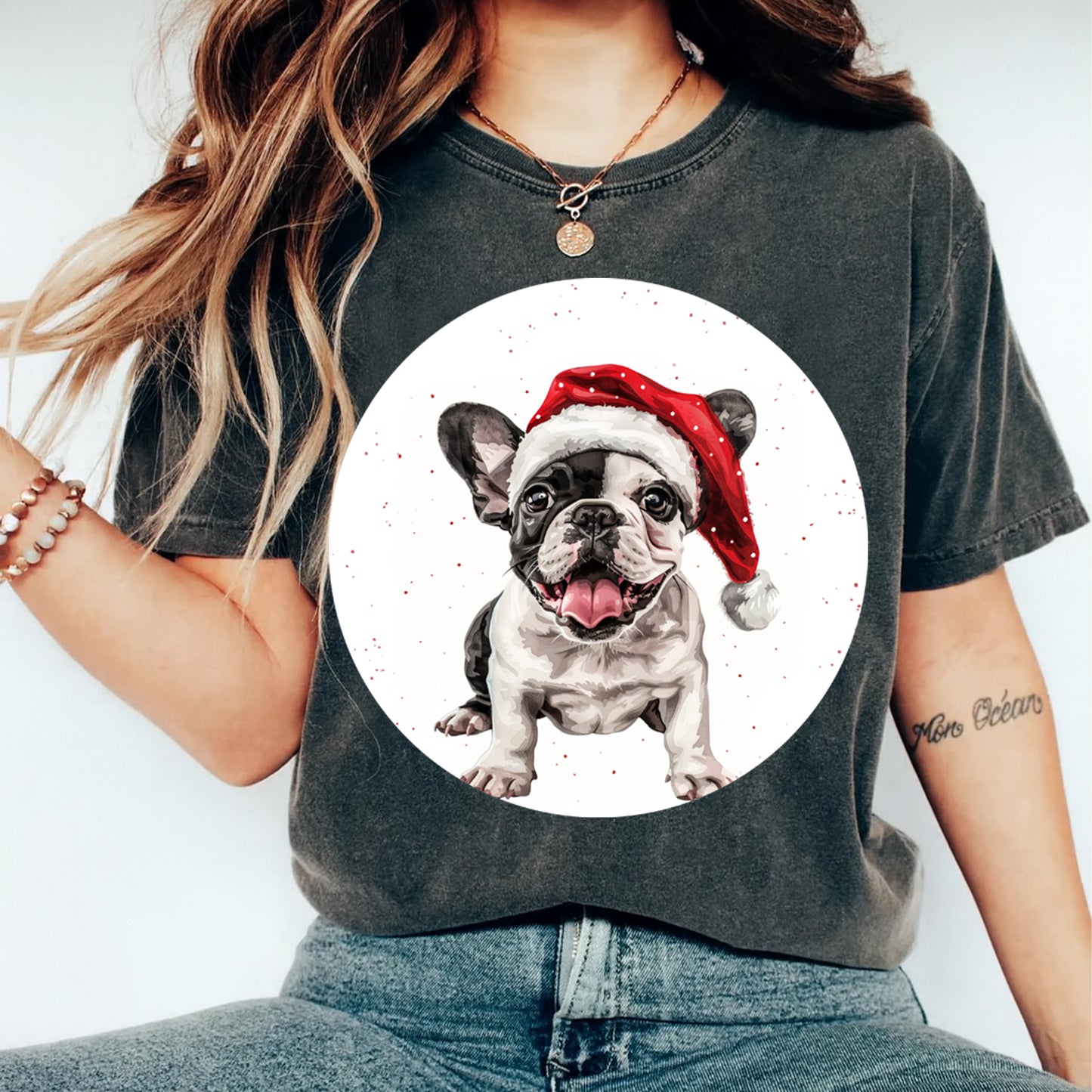 Christmas Dog Santa Hat Frenchie Pup DTF Transfer – Ready to Press Iron On Heat Transfer for DIY Shirts 12057