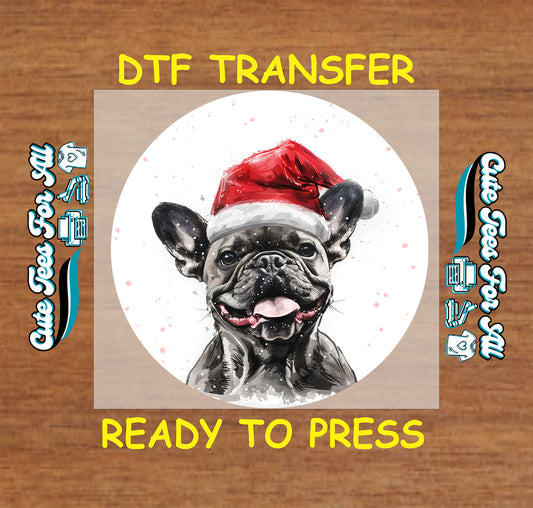 french bulldog dog santa hat christmas ready to press dtf iron on heat transfer for diy shirts