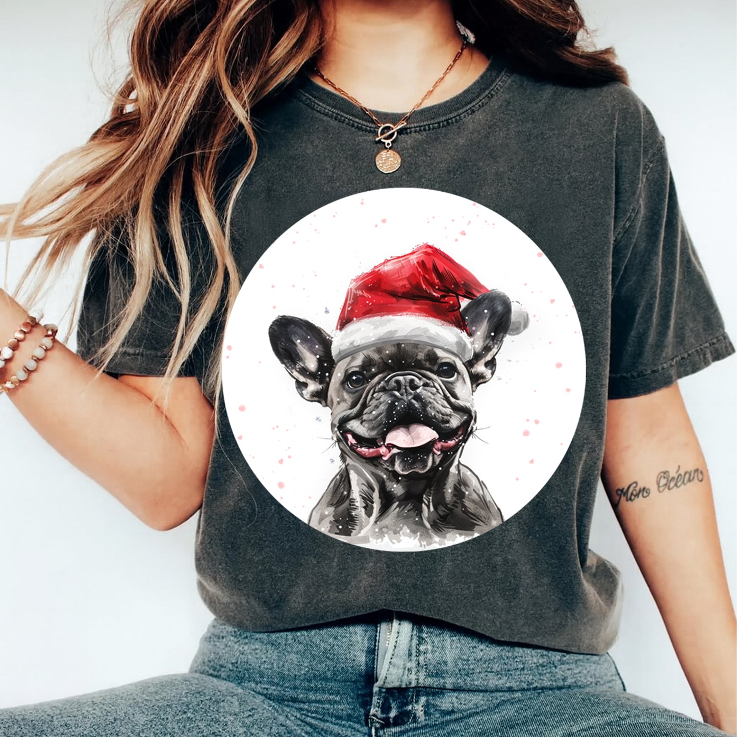 Christmas Dog Santa Hat French Bulldog Pup DTF Transfer – Ready to Press Iron On Heat Transfer for DIY Shirts 12059
