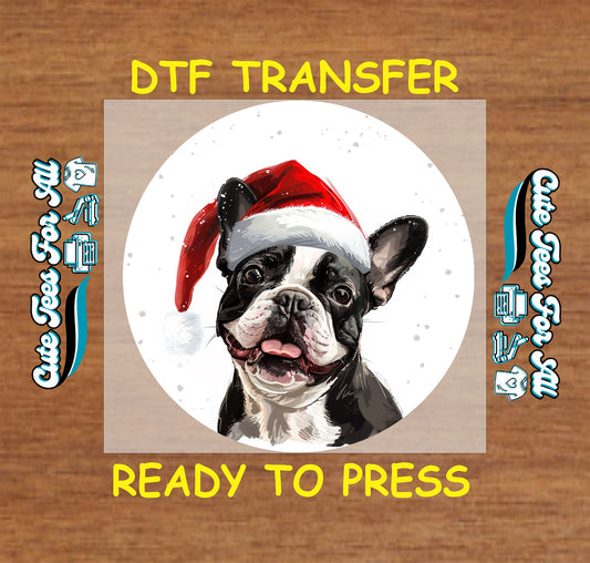 boston terrier dog santa hat christmas ready to press dtf iron on heat transfer for diy shirts