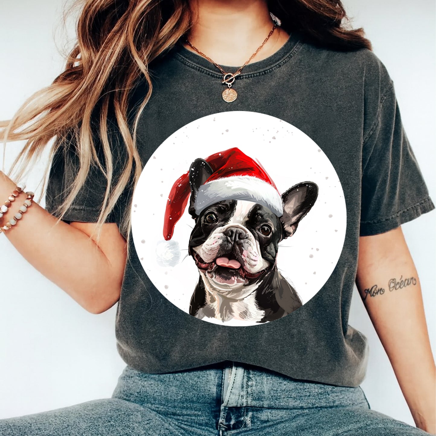 Christmas Dog Santa Hat Boston Terrier Pup DTF Transfer – Ready to Press Iron On Heat Transfer for DIY Shirts 12060