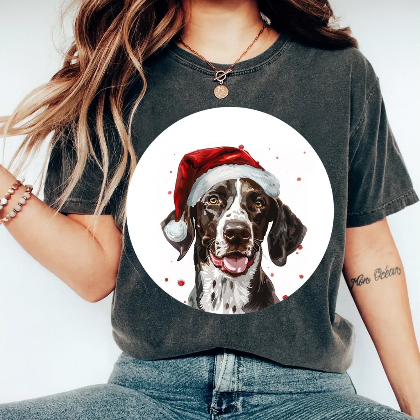 Christmas Dog Santa Hat Brown & White Pup DTF Transfer – Ready to Press Iron On Heat Transfer for DIY Shirts 12062