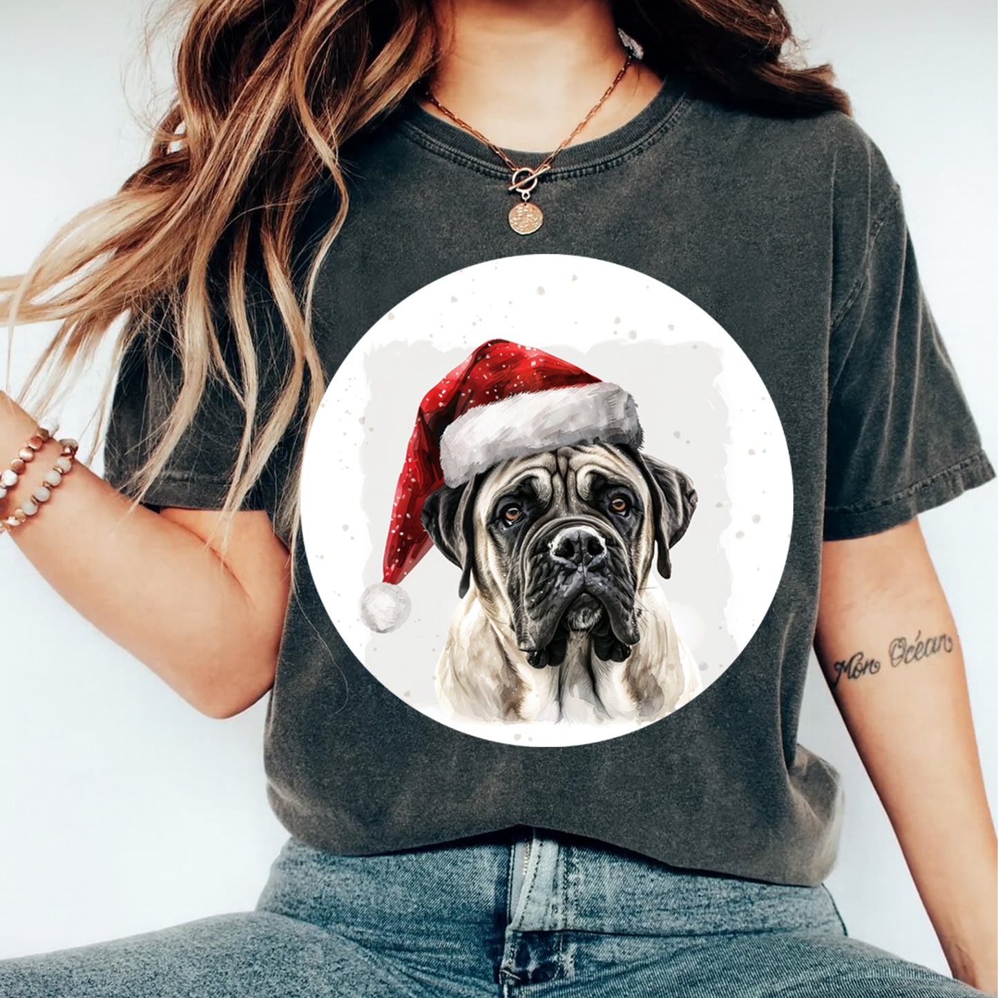 Christmas Dog Santa Hat Mastiff Pup DTF Transfer – Ready to Press Iron On Heat Transfer for DIY Shirts 12063