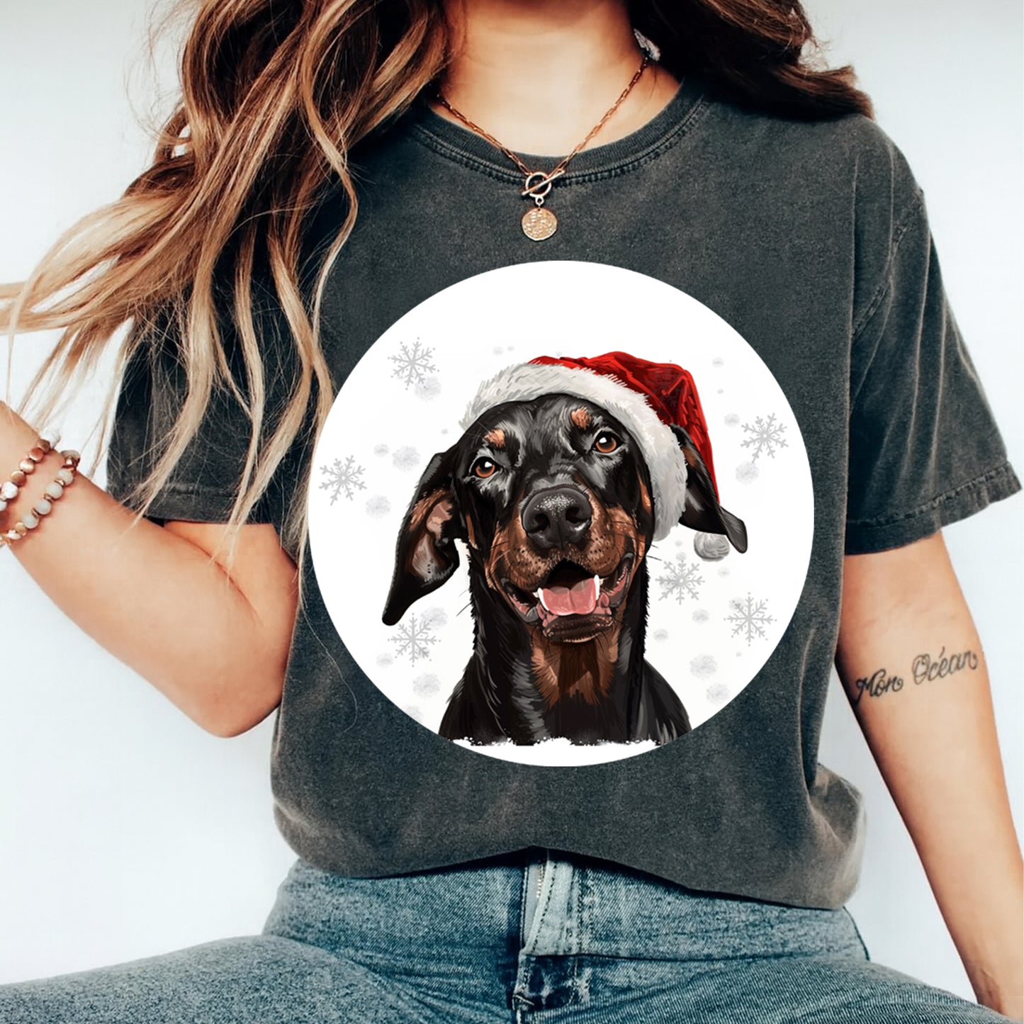 Christmas Dog Santa Hat Doberman Pup DTF Transfer – Ready to Press Iron On Heat Transfer for DIY Shirts 12065
