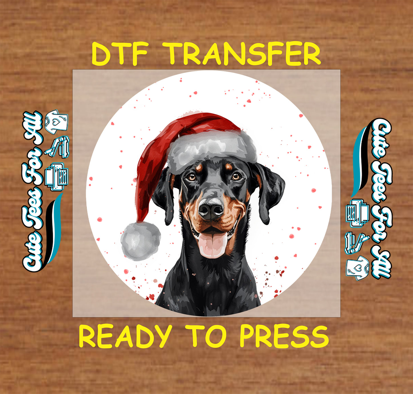 black tan doberman dog santa hat christmas ready to press dtf iron on heat transfer for diy shirts