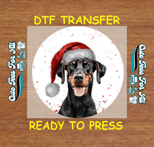 black tan doberman dog santa hat christmas ready to press dtf iron on heat transfer for diy shirts