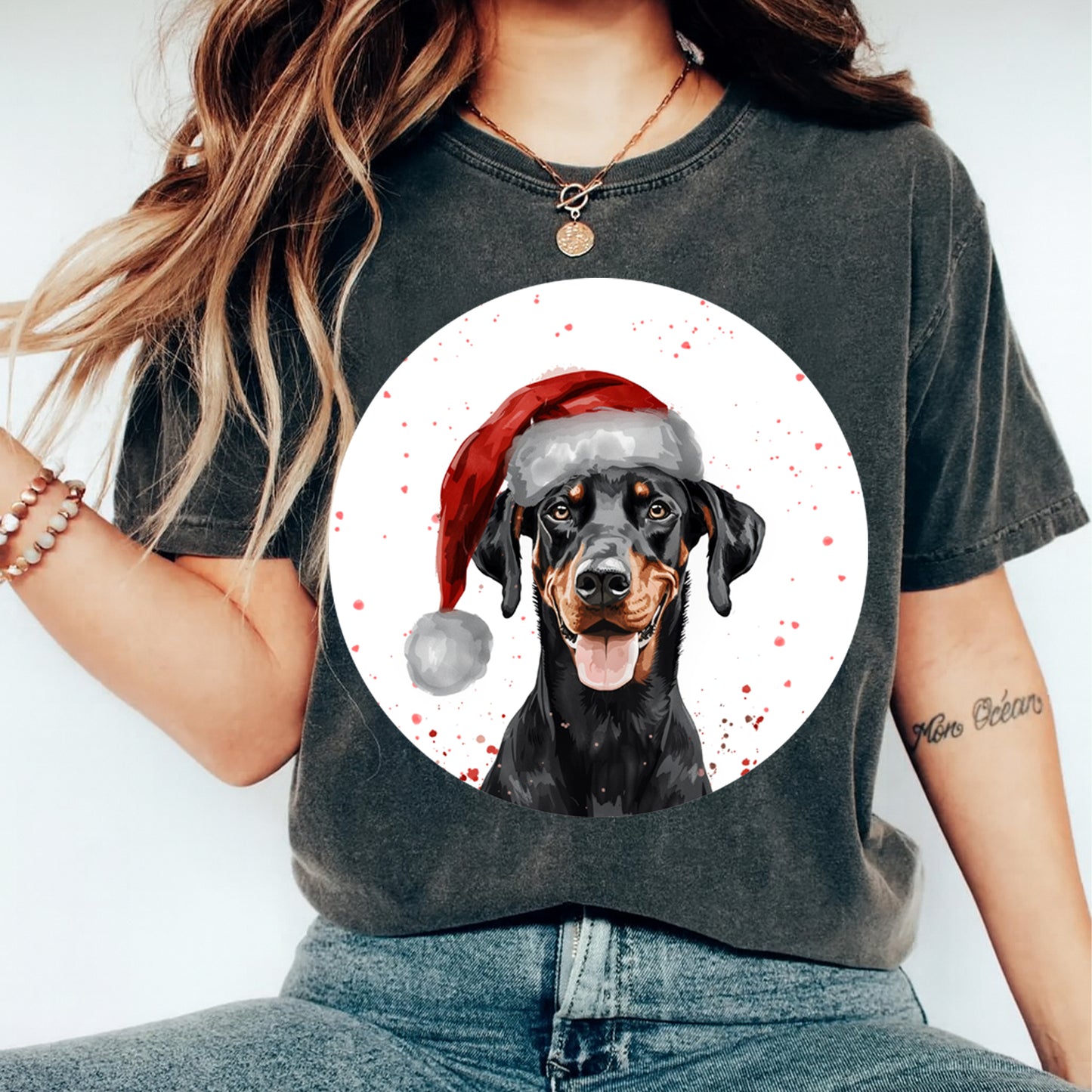 Christmas Dog Santa Hat Black & Tan Doberman Pup DTF Transfer – Ready to Press Iron On Heat Transfer for DIY Shirts 12066