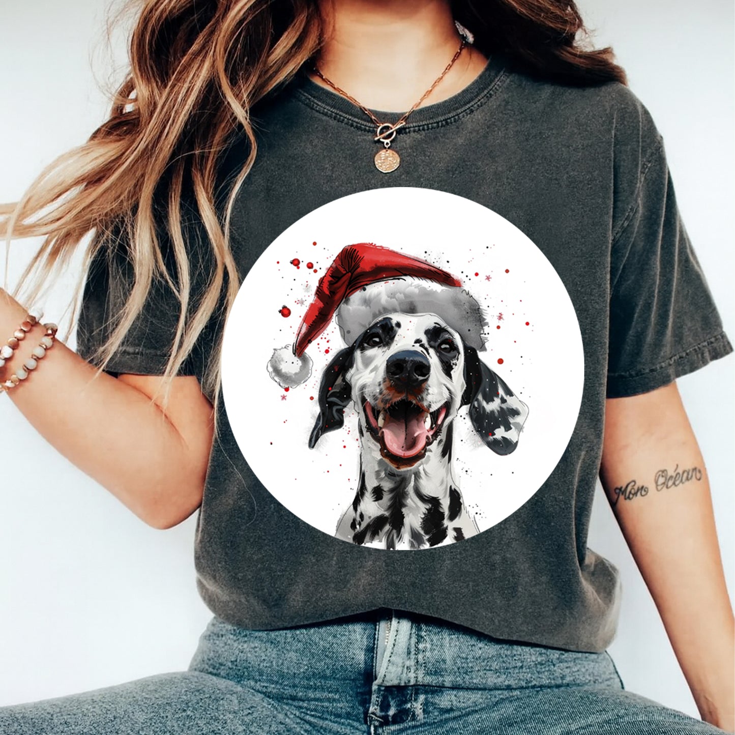 Christmas Dalmatian Santa Hat DTF Transfer – Ready to Press Iron On Heat Transfer for DIY Shirts 12067