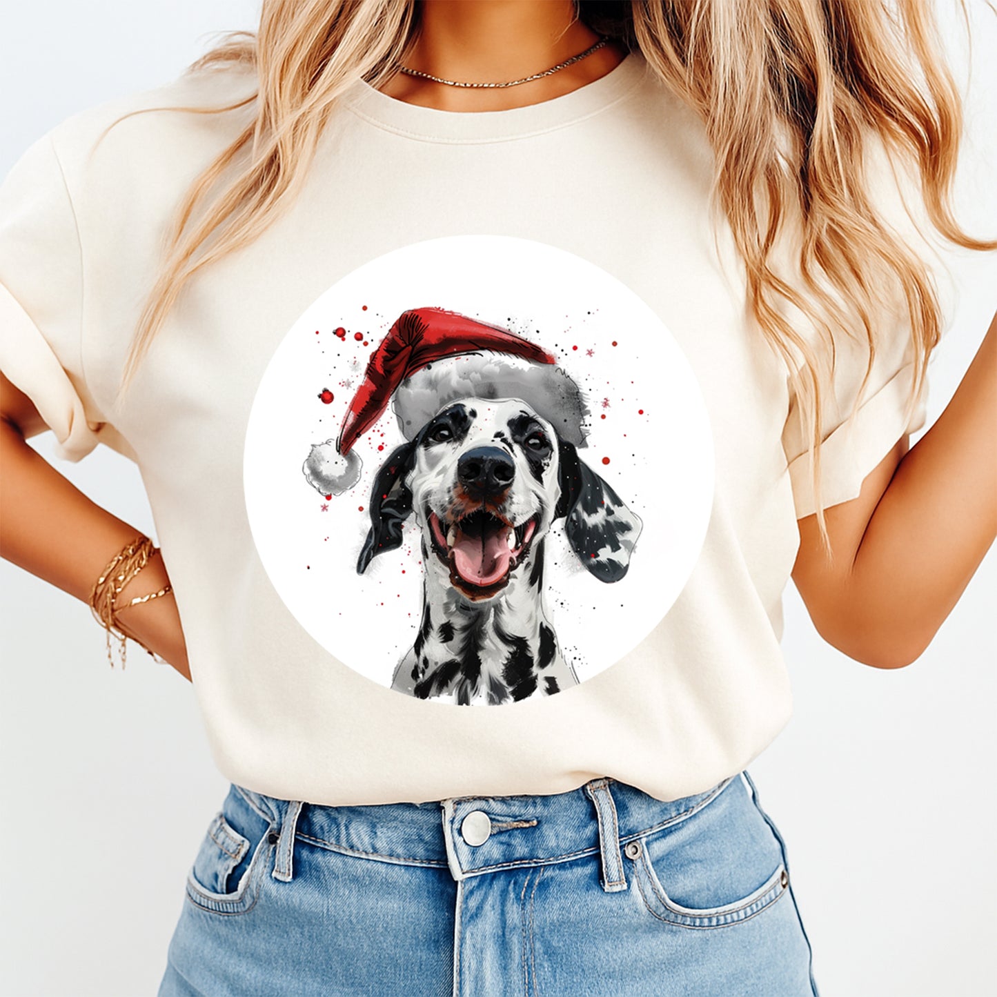 Christmas Dalmatian Santa Hat DTF Transfer – Ready to Press Iron On Heat Transfer for DIY Shirts 12067