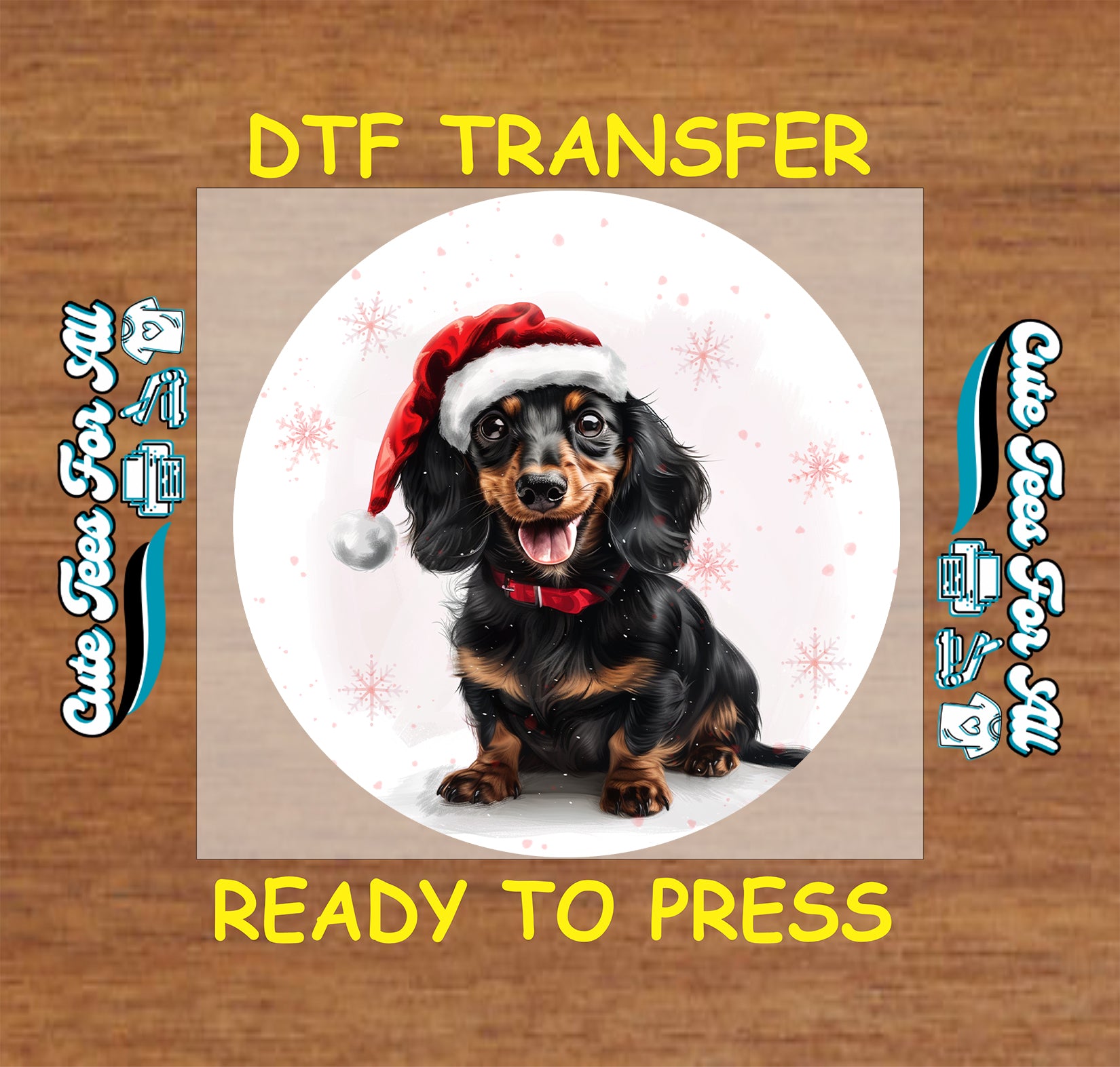 Christmas dachshund in Santa hat round snowflake background ready to press dtf iron on heat transfer for DIY shirts