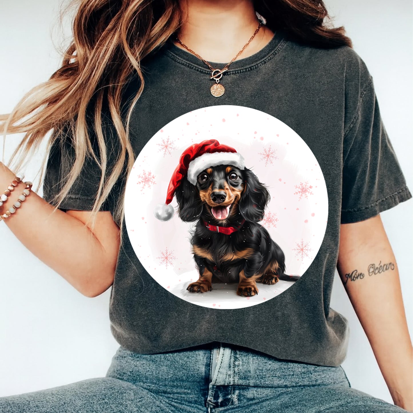 Christmas Dachshund Santa Hat DTF Transfer – Round Snowflake Portrait Ready to Press Iron On Heat Transfer for DIY Shirts 12070