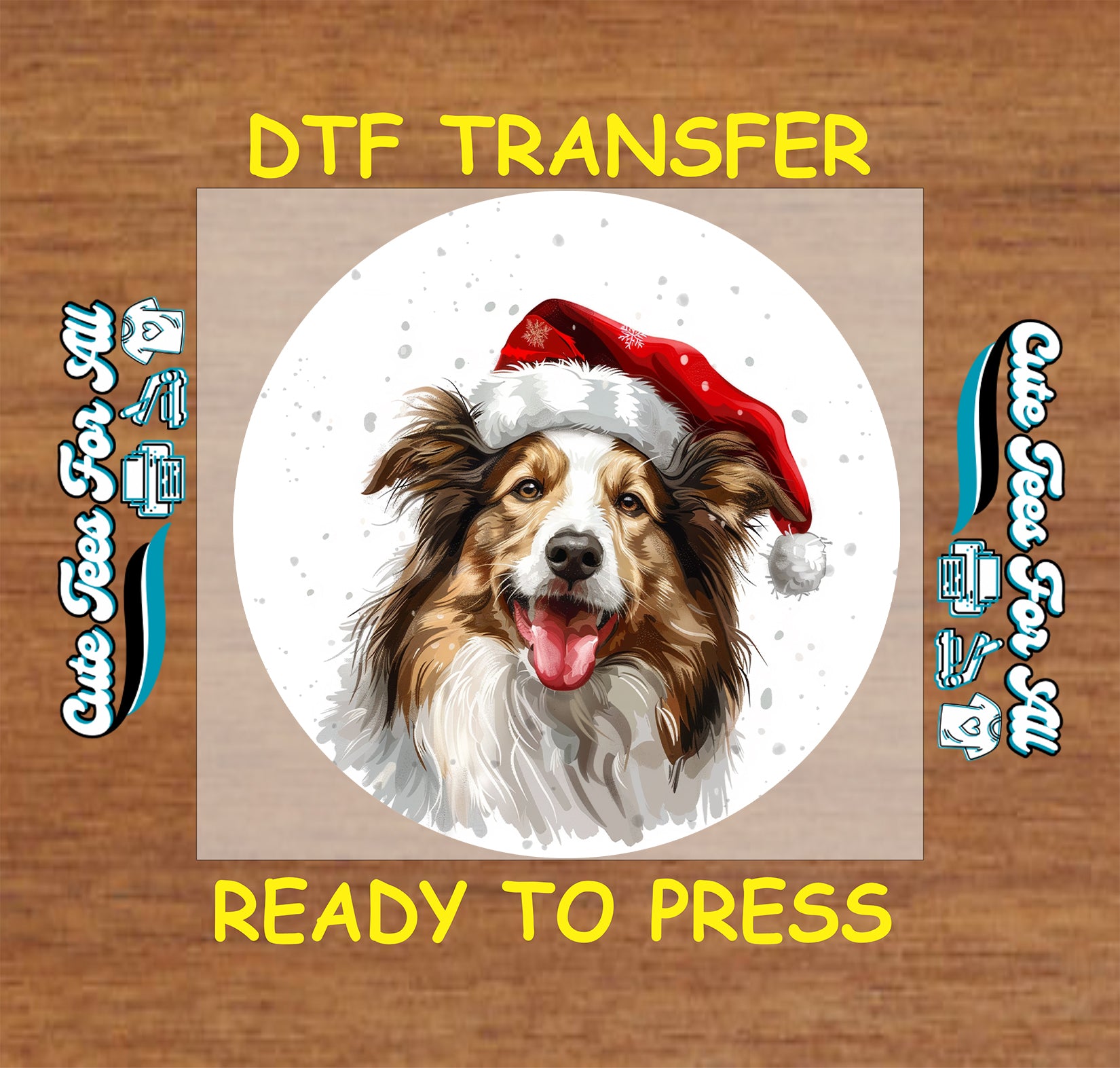 australian shepherd in santa hat round snowfall portrait ready to press dtf iron on heat transfer for diy shirts