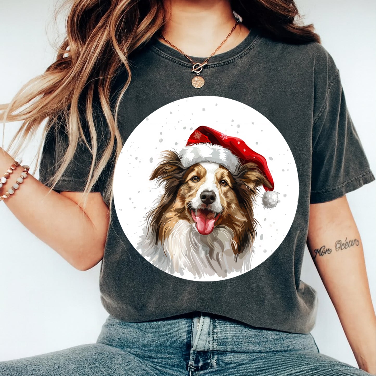 Christmas Australian Shepherd Santa Hat DTF Transfer – Round Snowfall Portrait Ready to Press Iron On Heat Transfer for DIY Shirts 12072