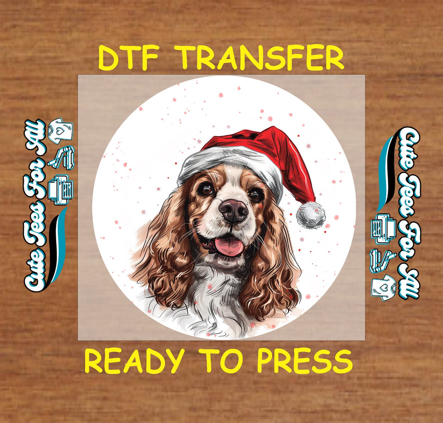 spaniel dog in santa hat round snowfall portrait ready to press dtf iron on heat transfer for diy shirts