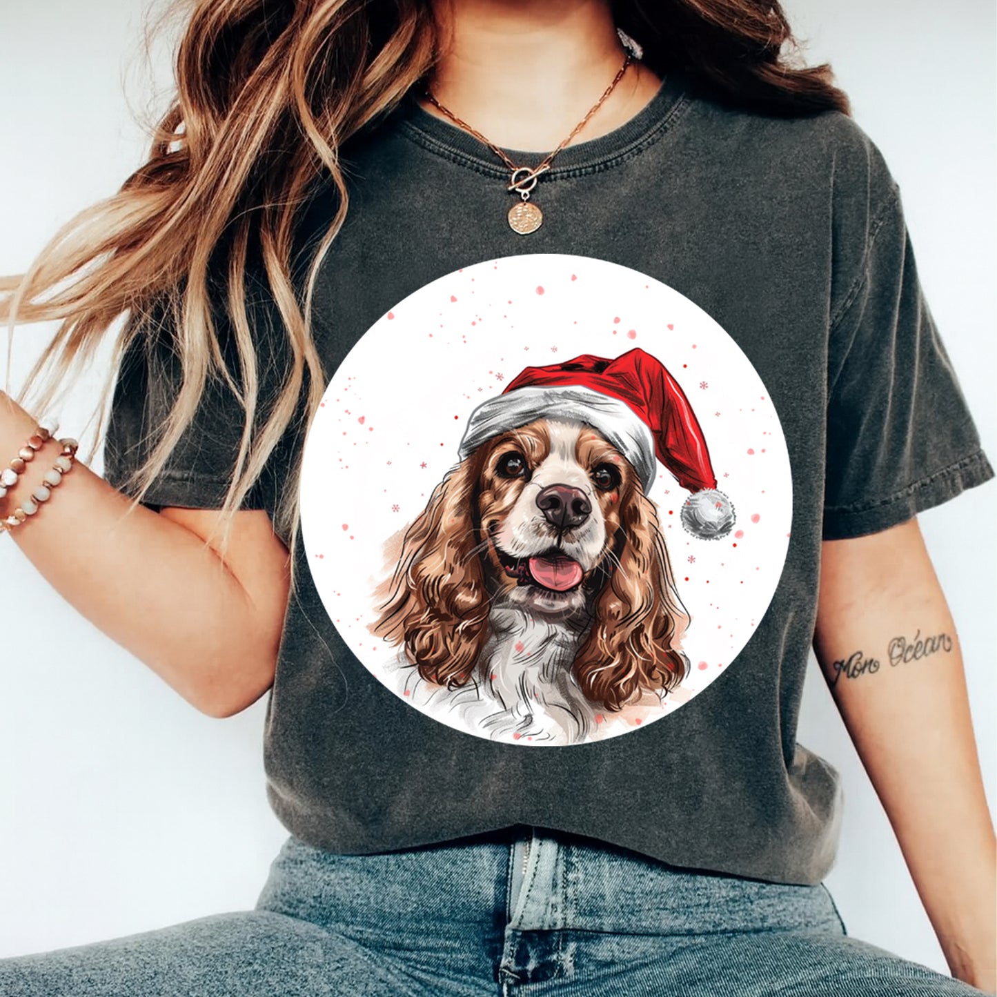 Christmas Spaniel Santa Hat DTF Transfer – Round Snowfall Portrait Ready to Press Iron On Heat Transfer for DIY Shirts 12073
