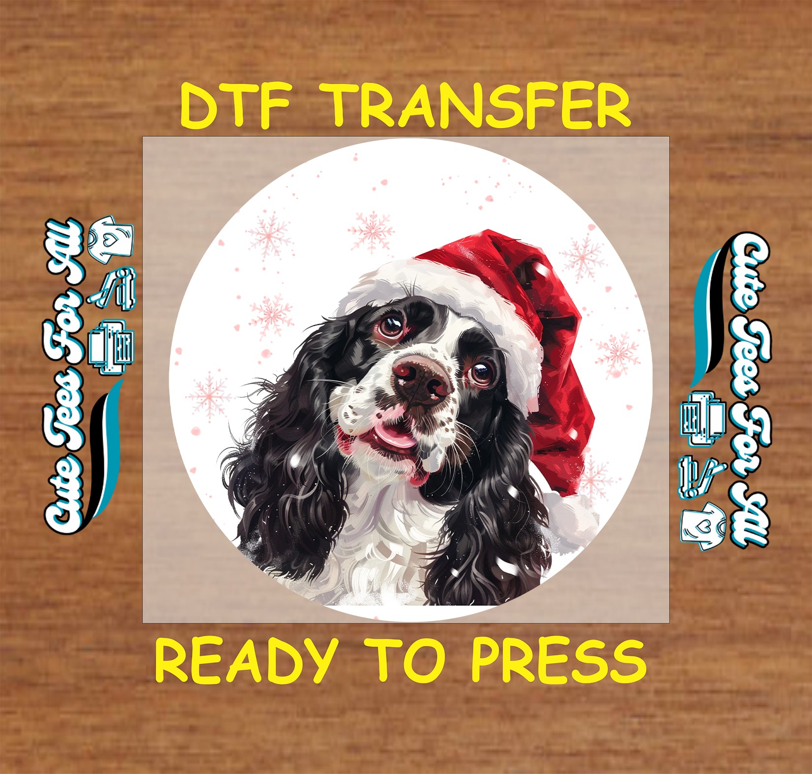 black and white spaniel dog in santa hat round snowflake portrait ready to press dtf iron on heat transfer for diy shirts