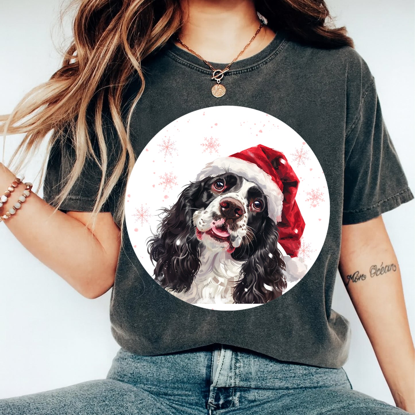 Christmas Spaniel Santa Hat DTF Transfer – Round Snowflake Portrait Ready to Press Iron On Heat Transfer for DIY Shirts 12074