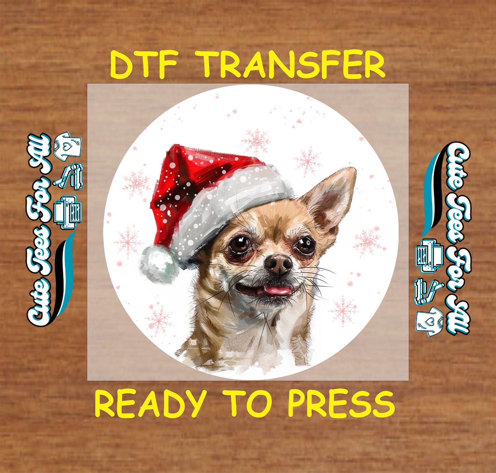 chihuahua dog in santa hat round snowflake portrait ready to press dtf iron on heat transfer for diy shirts