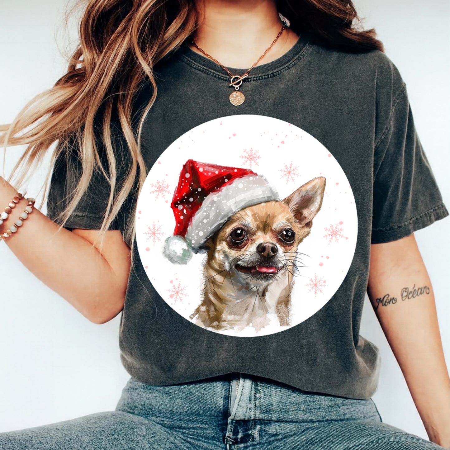 Christmas Chihuahua Santa Hat DTF Transfer – Round Snowflake Portrait Ready to Press Iron On Heat Transfer for DIY Shirts 12075