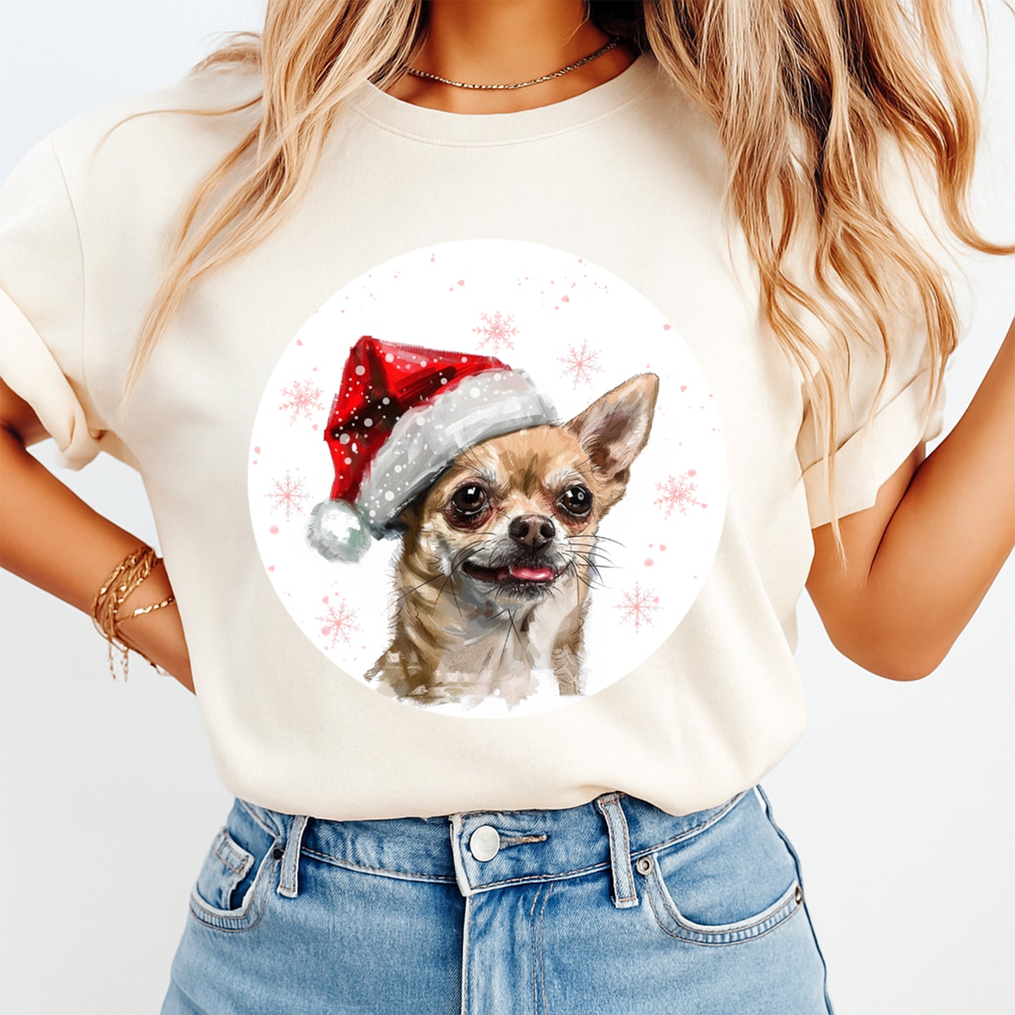 Christmas Chihuahua Santa Hat DTF Transfer – Round Snowflake Portrait Ready to Press Iron On Heat Transfer for DIY Shirts 12075