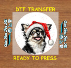 Christmas Longhair Chihuahua Santa Hat DTF Transfer – Round Snowfall Portrait Ready to Press Iron On Heat Transfer for DIY Shirts 12076