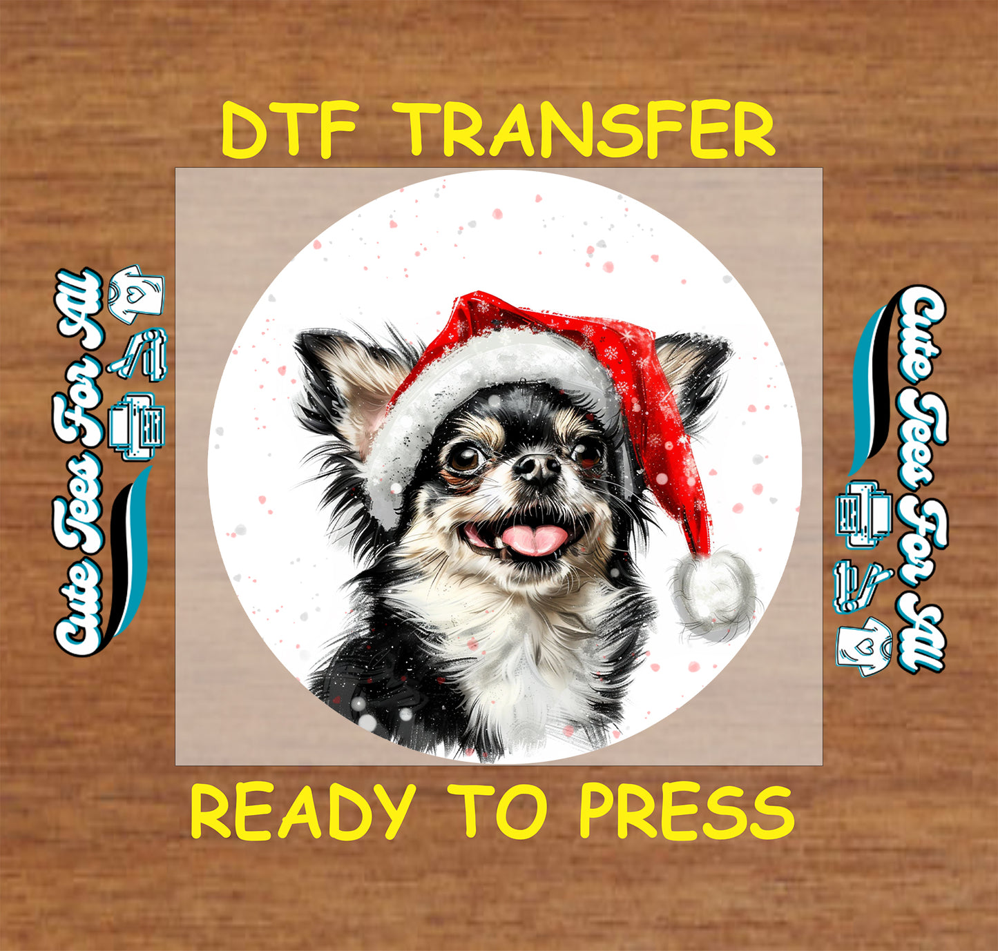 longhair chihuahua in santa hat round snowfall portrait ready to press dtf iron on heat transfer for diy shirts