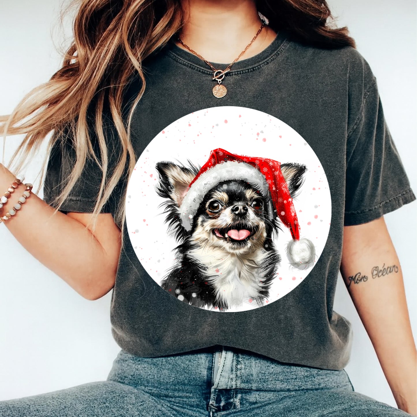Christmas Longhair Chihuahua Santa Hat DTF Transfer – Round Snowfall Portrait Ready to Press Iron On Heat Transfer for DIY Shirts 12076