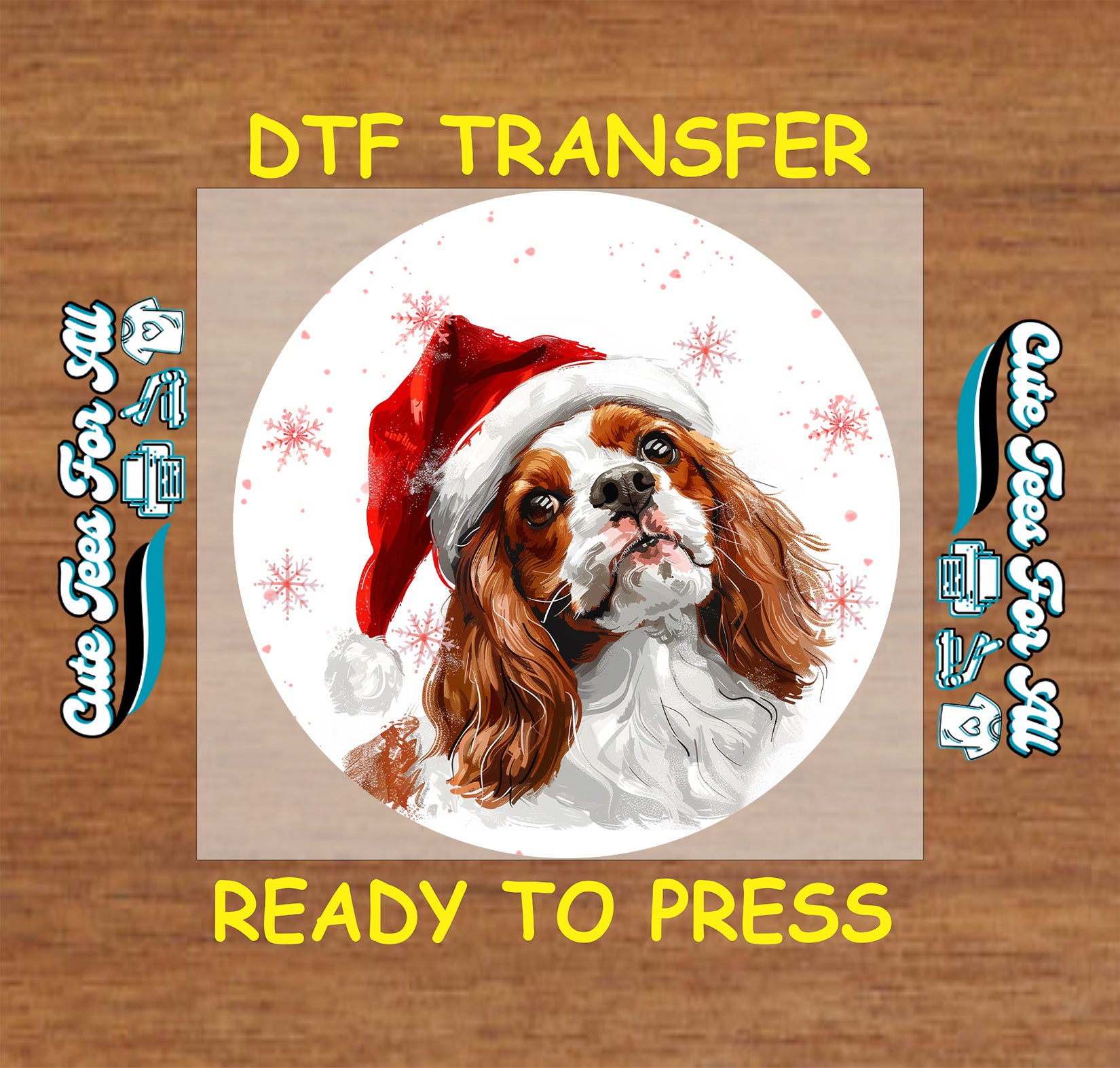 cavalier spaniel dog in santa hat round snowflake portrait ready to press dtf iron on heat transfer for diy shirts