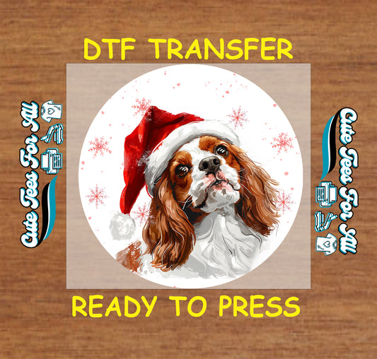 cavalier spaniel dog in santa hat round snowflake portrait ready to press dtf iron on heat transfer for diy shirts