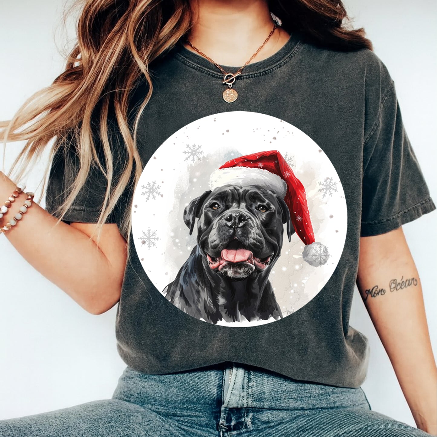 Christmas Cane Corso Santa Hat DTF Transfer – Round Snowflake Portrait Ready to Press Iron On Heat Transfer for DIY Shirts 12078