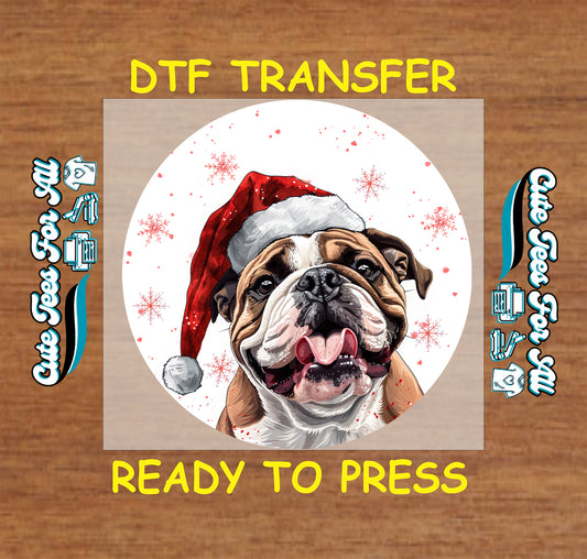 bulldog in santa hat round snowflake portrait ready to press dtf iron on heat transfer for diy shirts