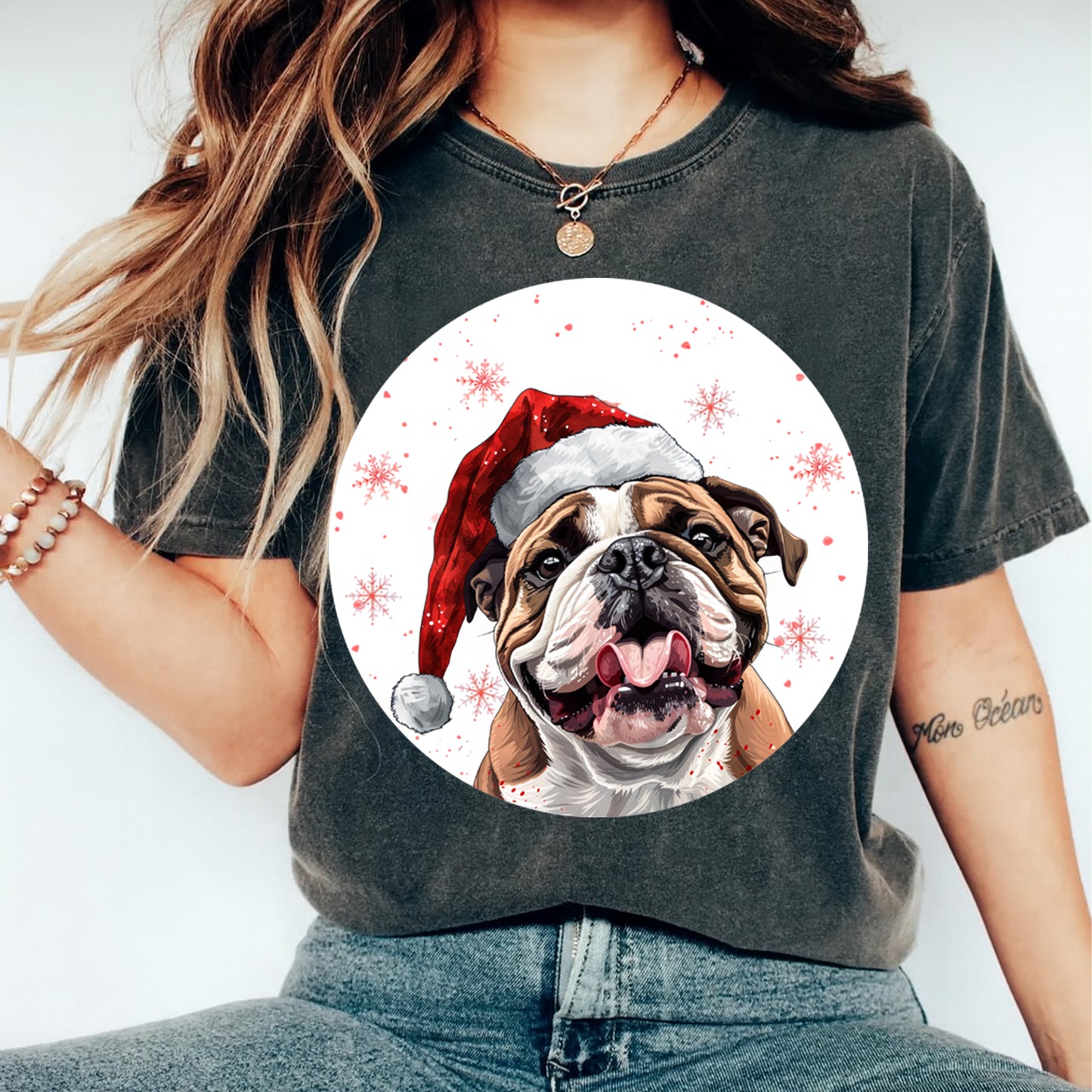 Christmas Bulldog Santa Hat DTF Transfer – Round Snowflake Portrait Ready to Press Iron On Heat Transfer for DIY Shirts 12080