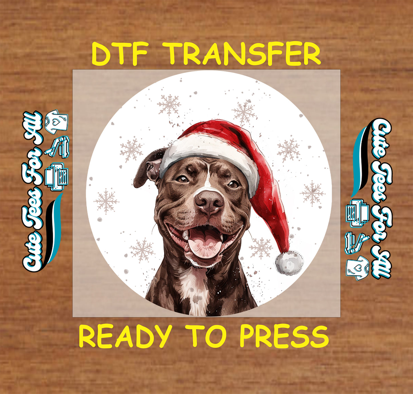 pitbull dog in santa hat round snowflake portrait ready to press dtf iron on heat transfer for diy shirts