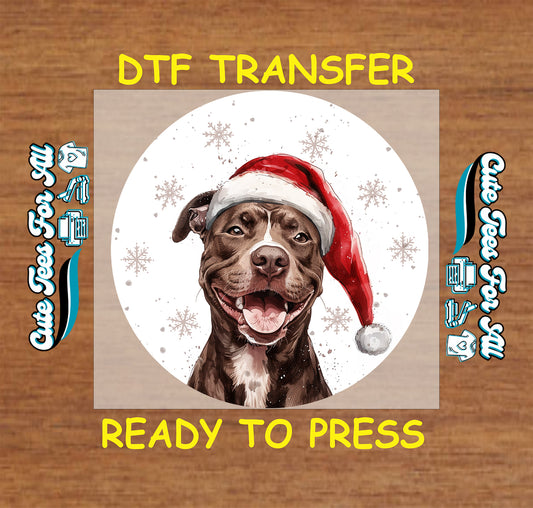 pitbull dog in santa hat round snowflake portrait ready to press dtf iron on heat transfer for diy shirts