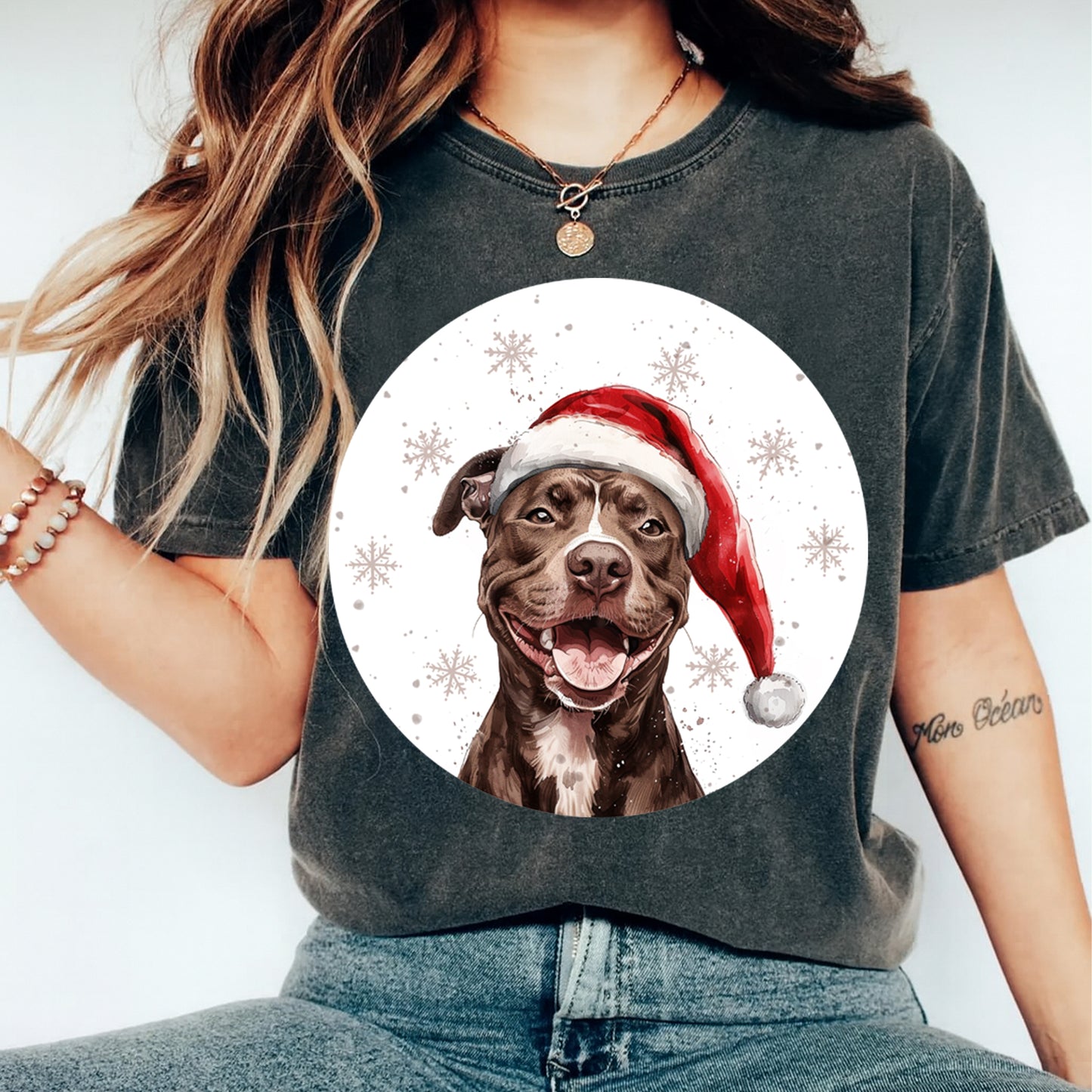 Christmas Pitbull Santa Hat DTF Transfer – Round Snowflake Portrait Ready to Press Iron On Heat Transfer for DIY Shirts 12082