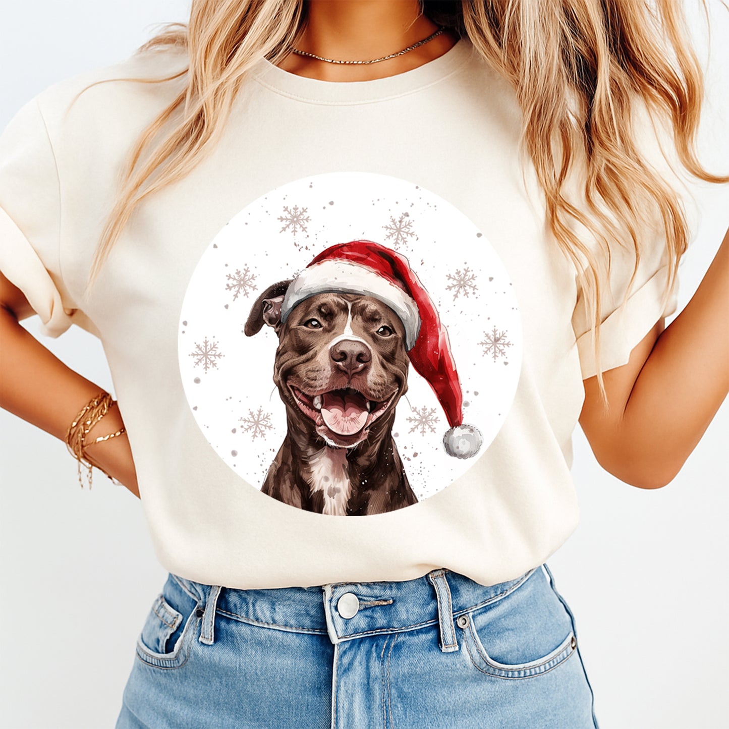 Christmas Pitbull Santa Hat DTF Transfer – Round Snowflake Portrait Ready to Press Iron On Heat Transfer for DIY Shirts 12082